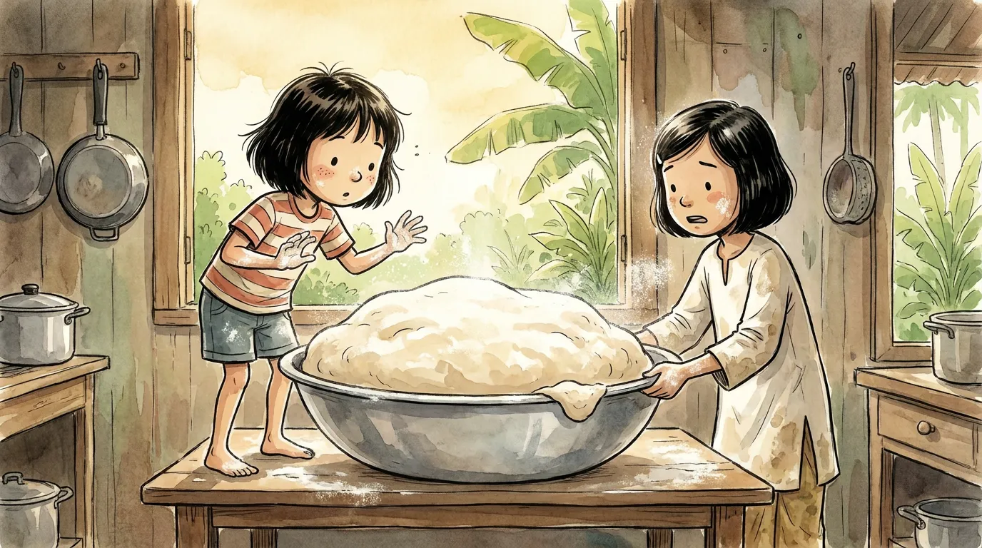 thiae and Hana peering at the huge mound of dough filling the steel bowl