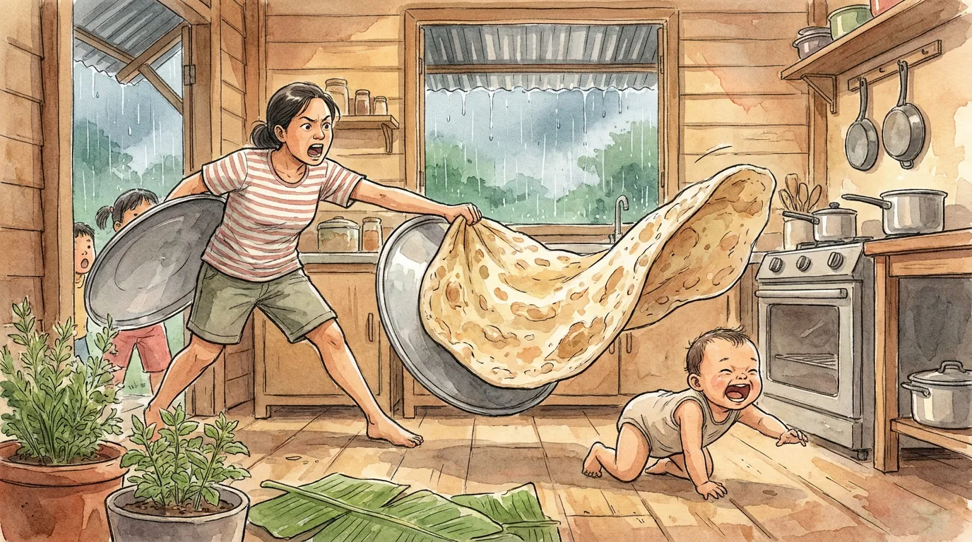 thiae carrying a corner of the giant roti on a metal lid as the baby leads it
