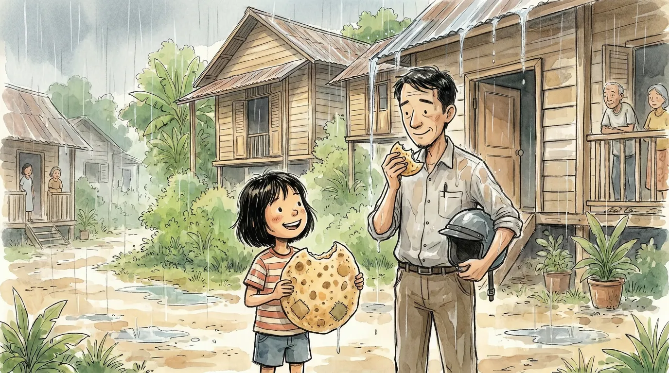 Ayah eating a piece of the giant roti standing in the rain as thiae watches