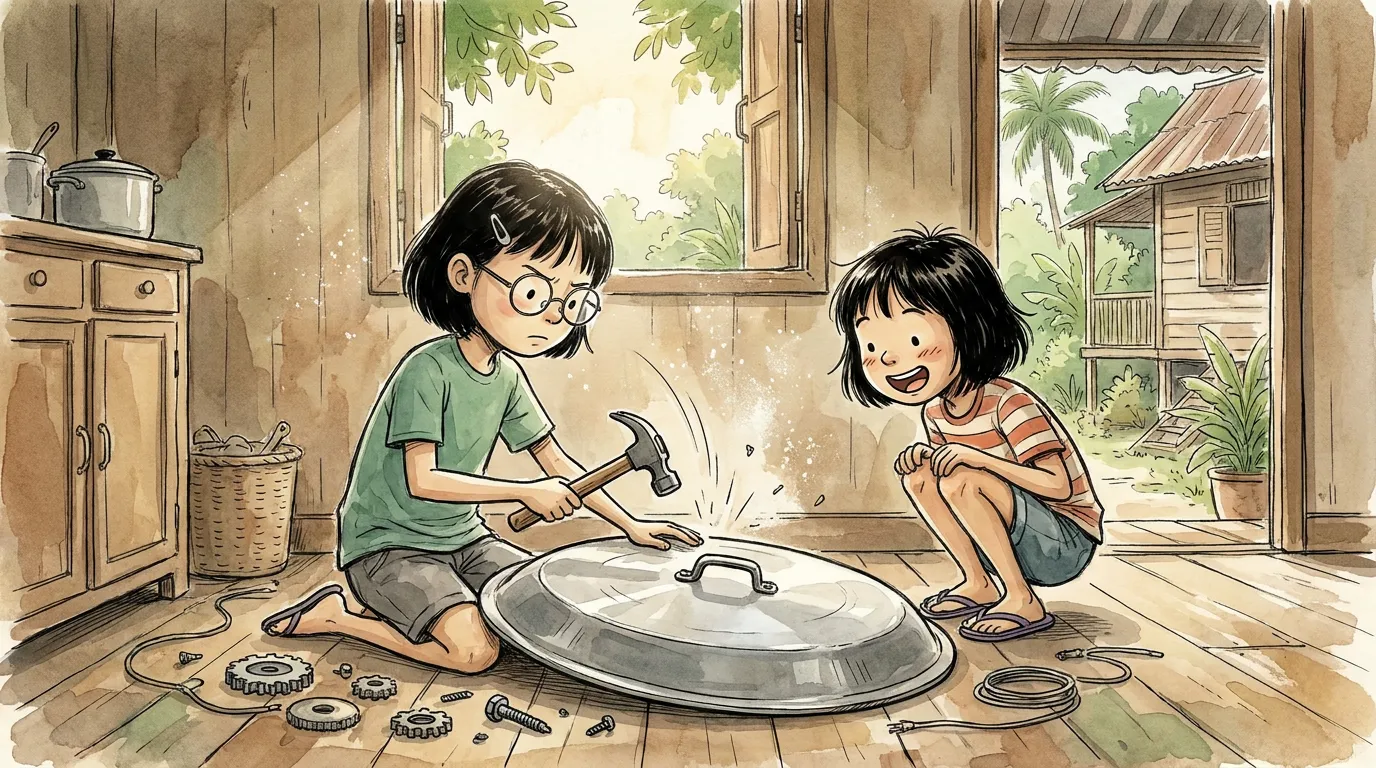 Pei Pei hammering a huge metal lid flat on the kitchen floor while thiae watches