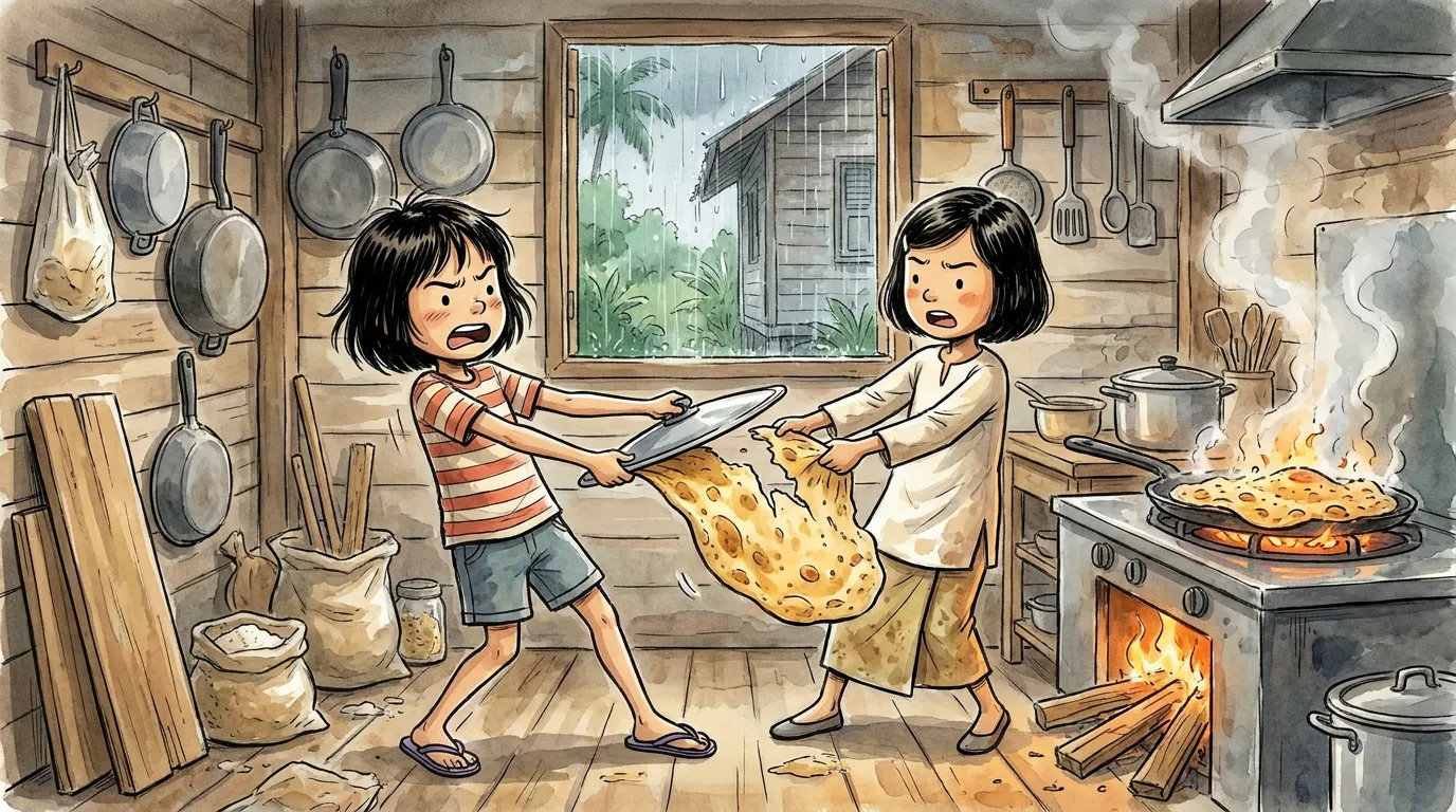 the giant roti tearing in half on the stove, one half stuck fast to the fire