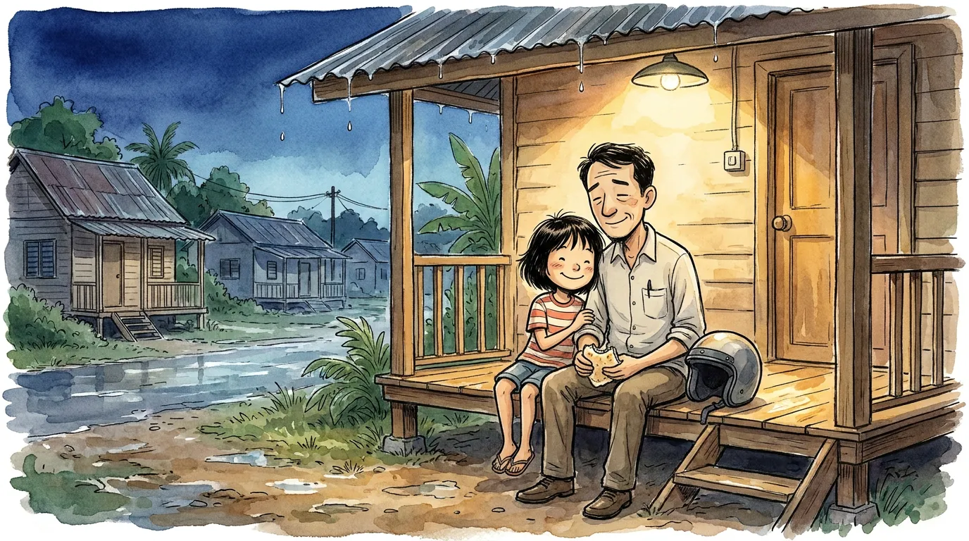 thiae and Ayah sitting close on the wet porch step in the quiet after the rain