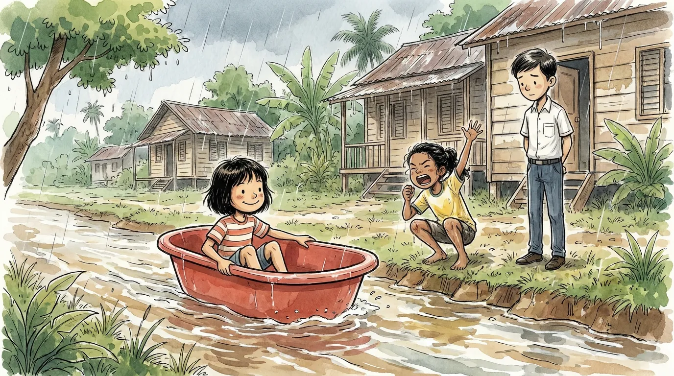 thiae captains the bath-boat down the flooded longkang as Kavi chants and Faiz watches