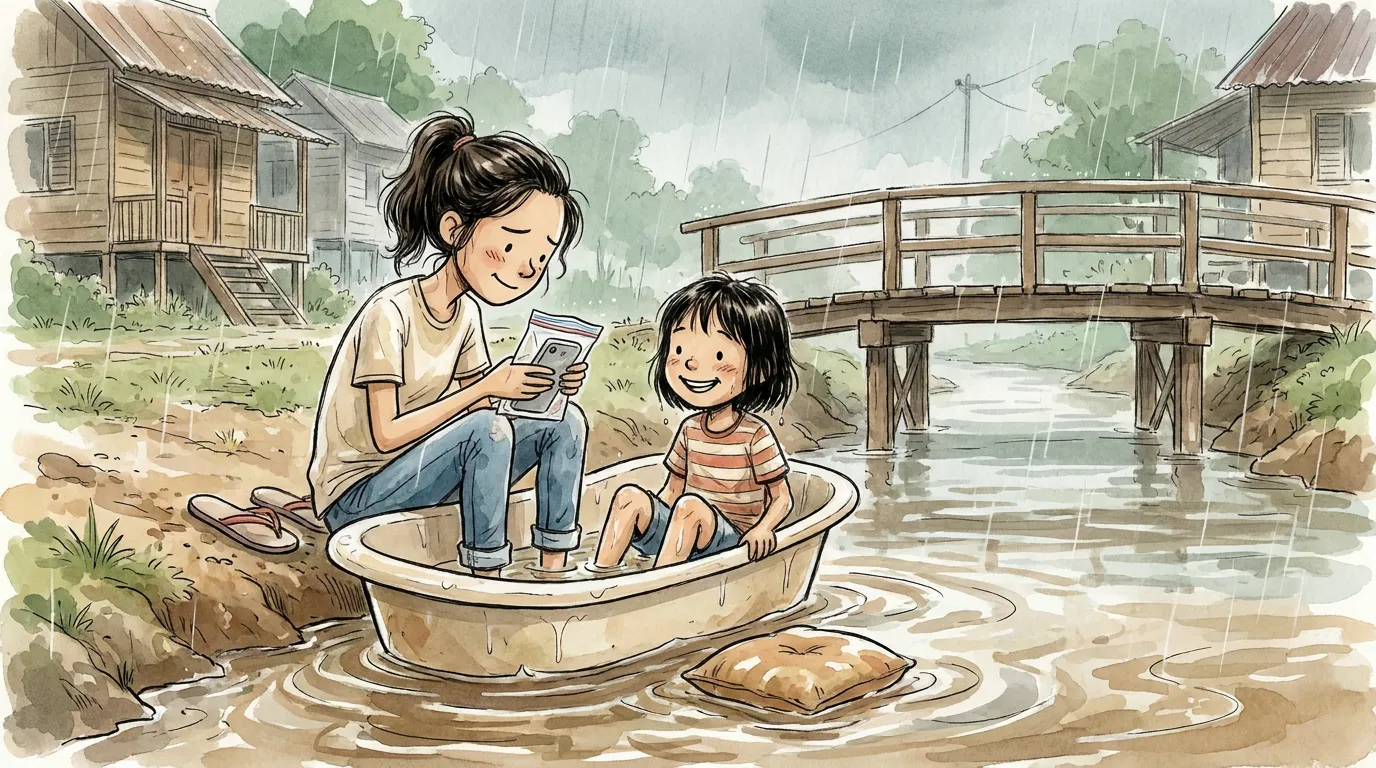 Kak Long climbs into the half-sunk bath to sit with thiae in the rain