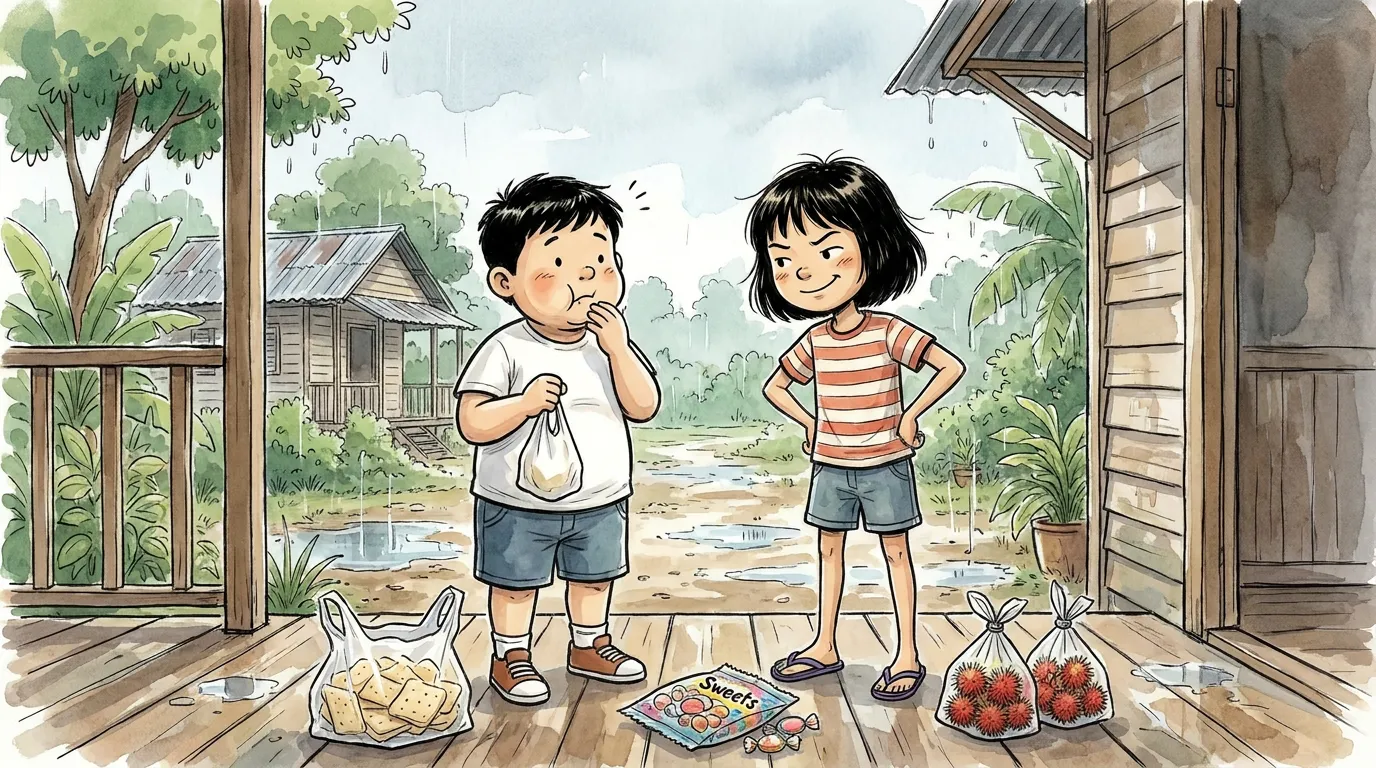 Ah Wei caught eating the voyage supplies on the porch, mouth full, thiae catching him out