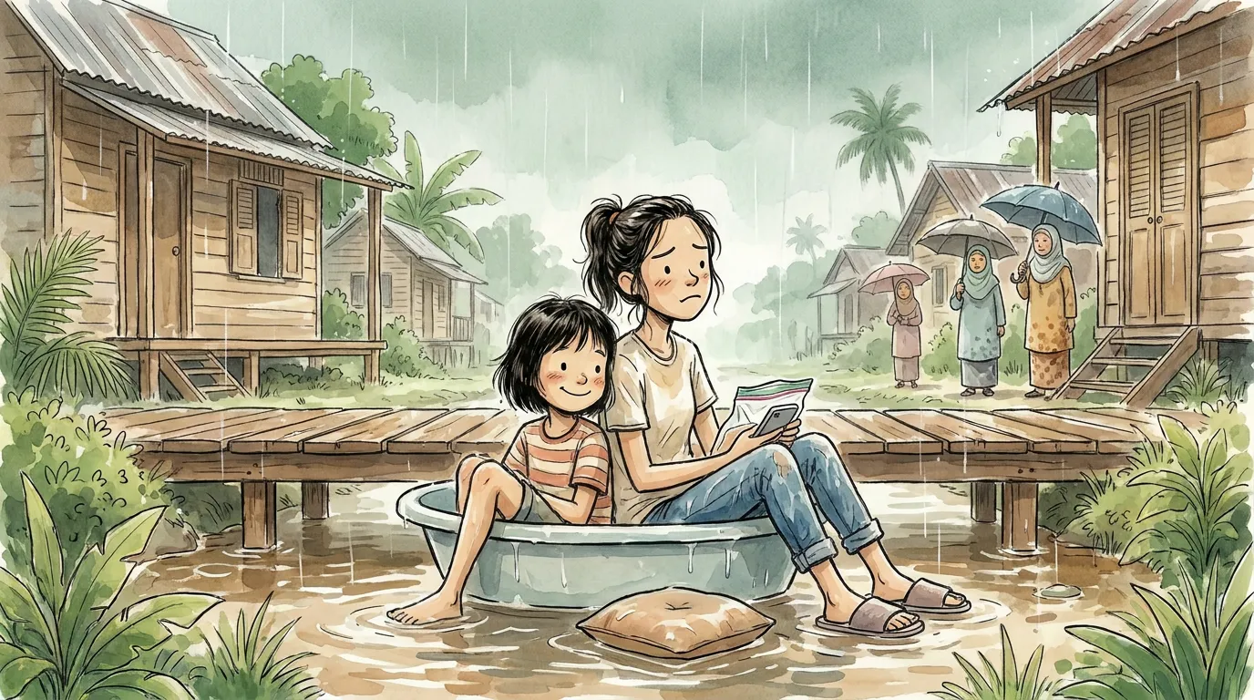thiae and Kak Long sit quietly together in the half-sunk bath, the cushion bobbing pleased between them