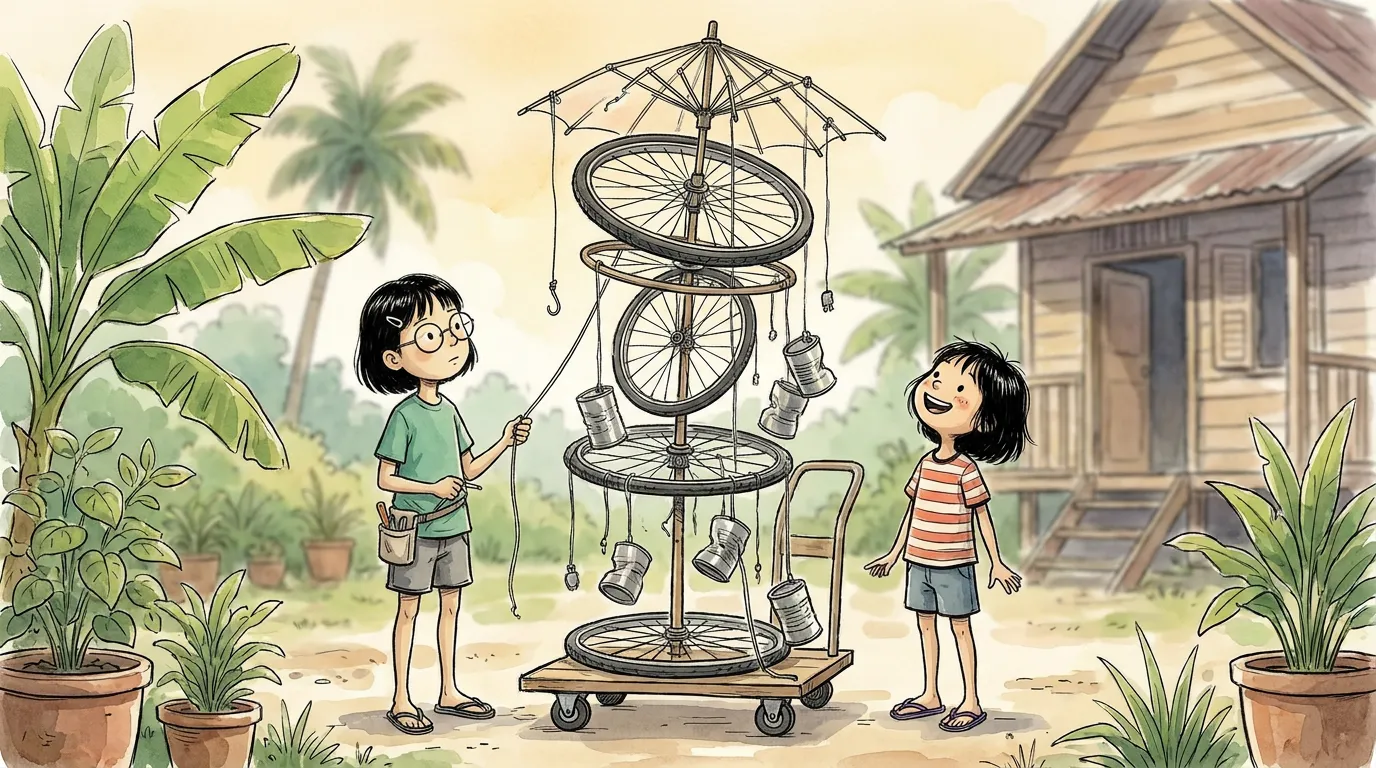 Pei Pei wheels in her towering contraption, thiae gazing up