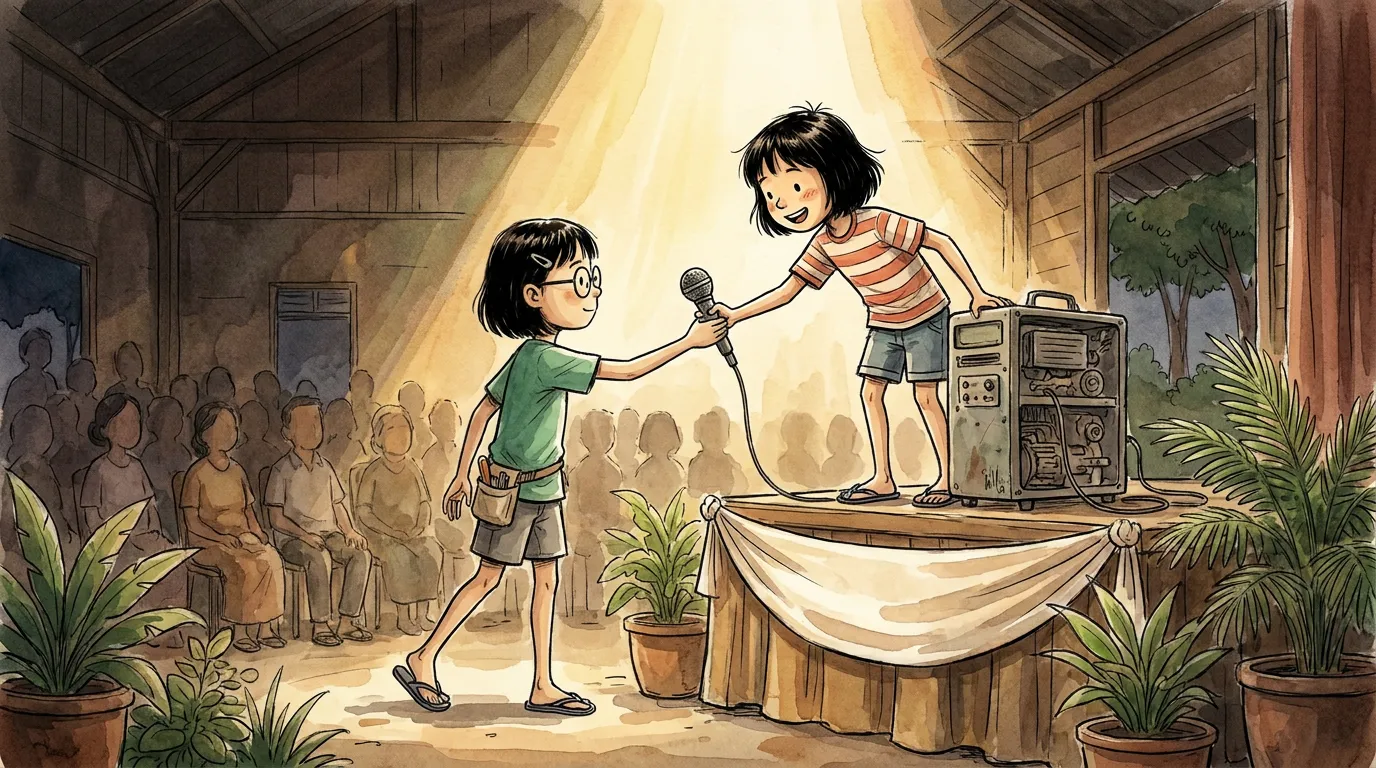 Pei Pei steps out of the dark to take thiae's microphone