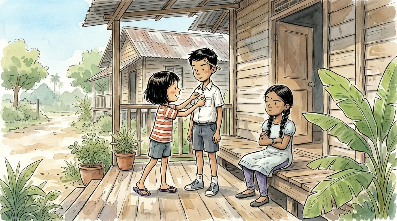thiae briefing the gang on the porch, sticking tape badges on shirts