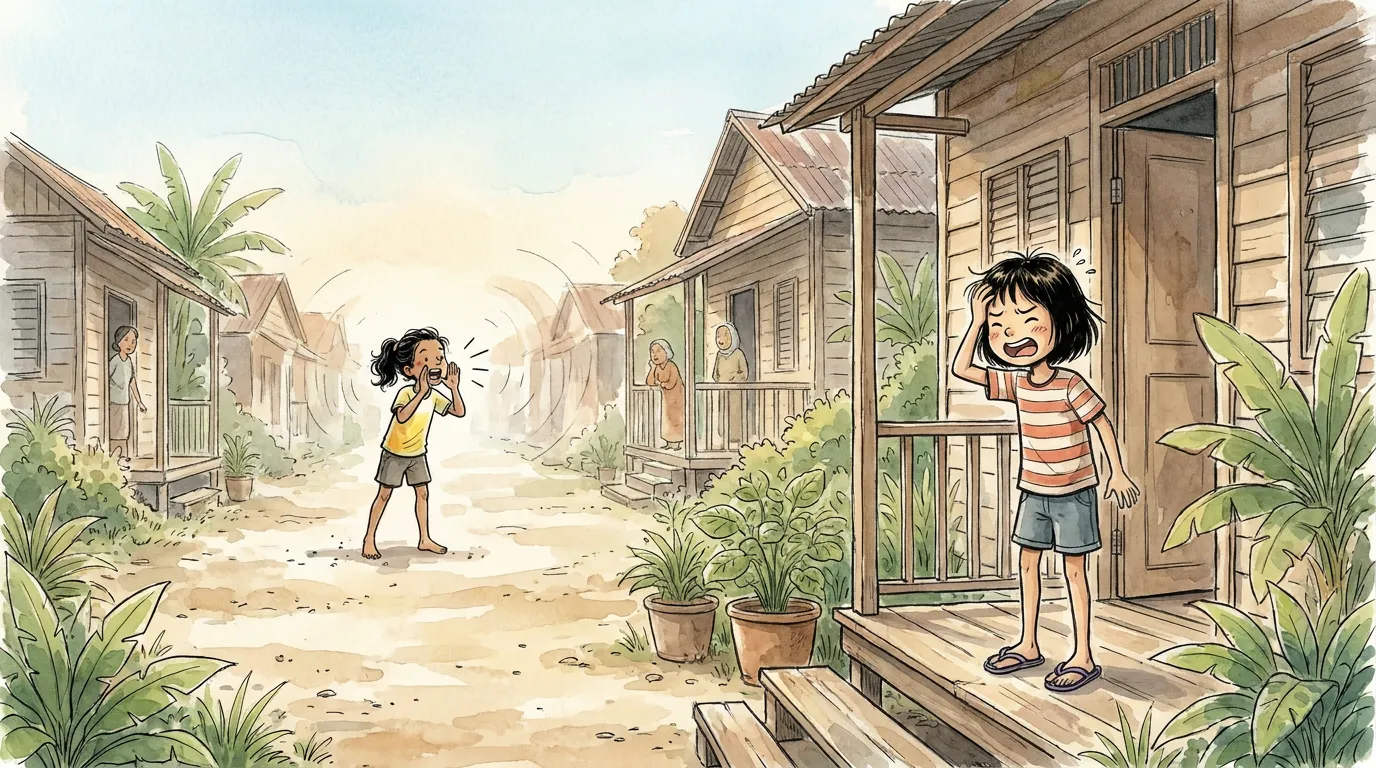 Kavi bellowing a wrong score down the whole street while thiae winces on the porch