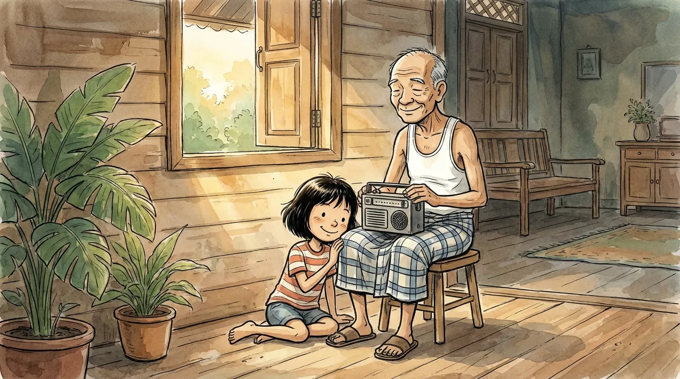 thiae sitting quietly beside Atok in the corner as the radio murmurs low