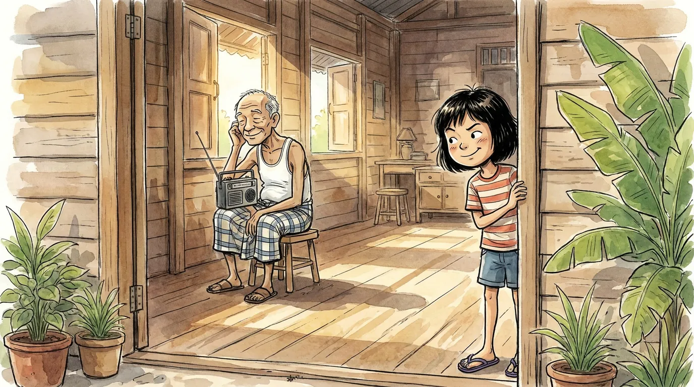 Atok in his corner, leaning in to his transistor radio, tuning out the loud house