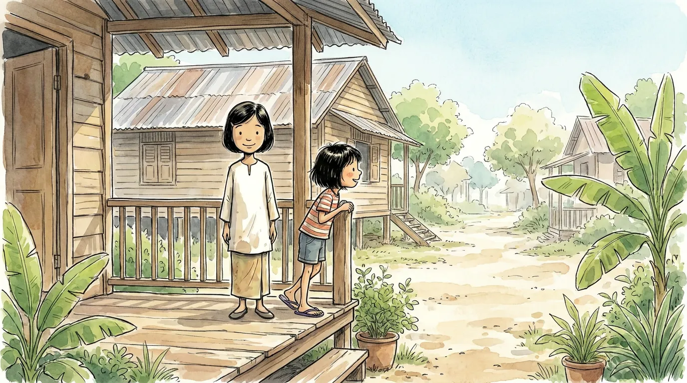 Hana standing patiently on standby by the porch, holding nothing, ready and unneeded