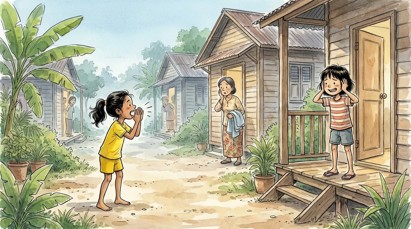 Kavi's shout carries to a makcik in a far doorway who hears the score before anyone