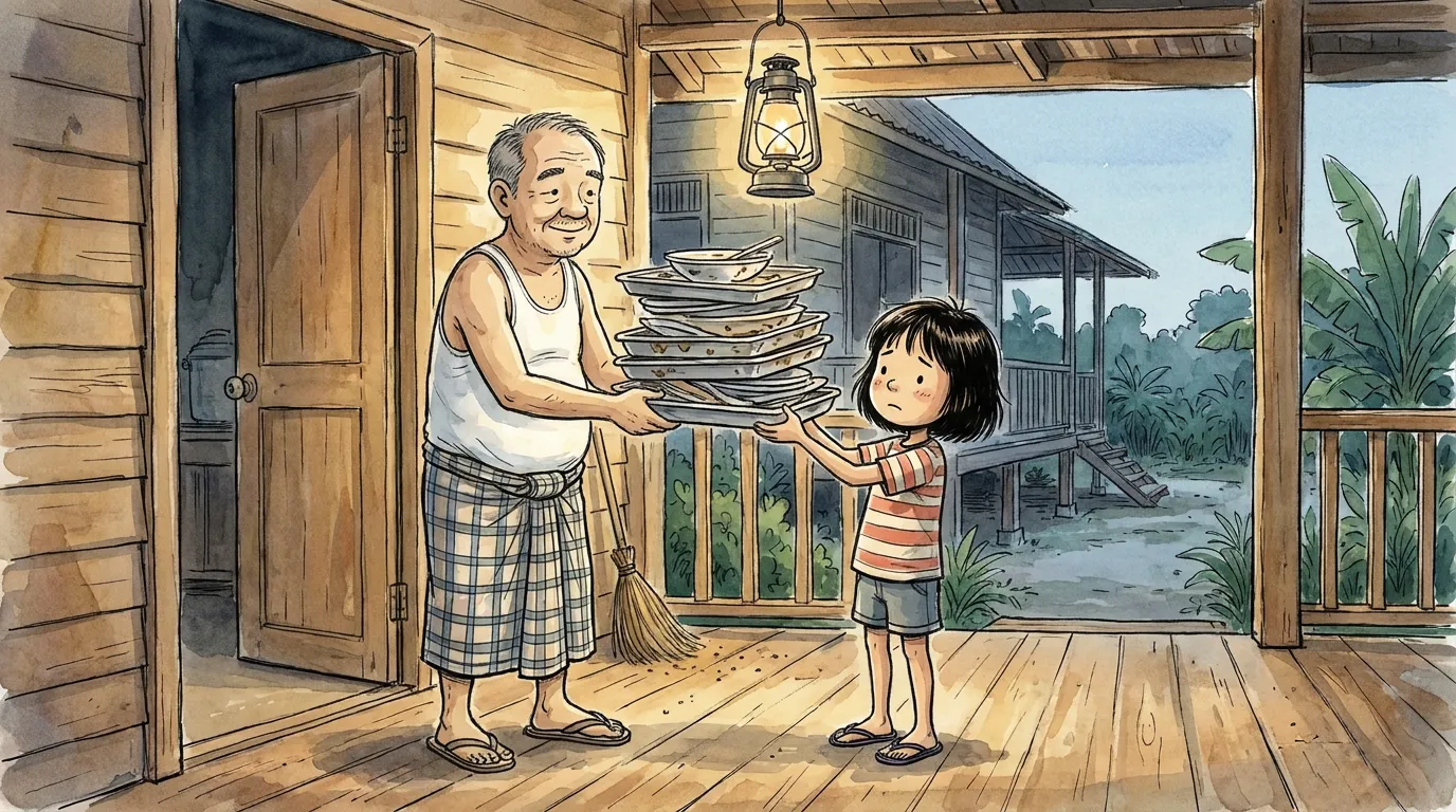 Pakcik holding a stack of dirty empty trays out sideways to thiae
