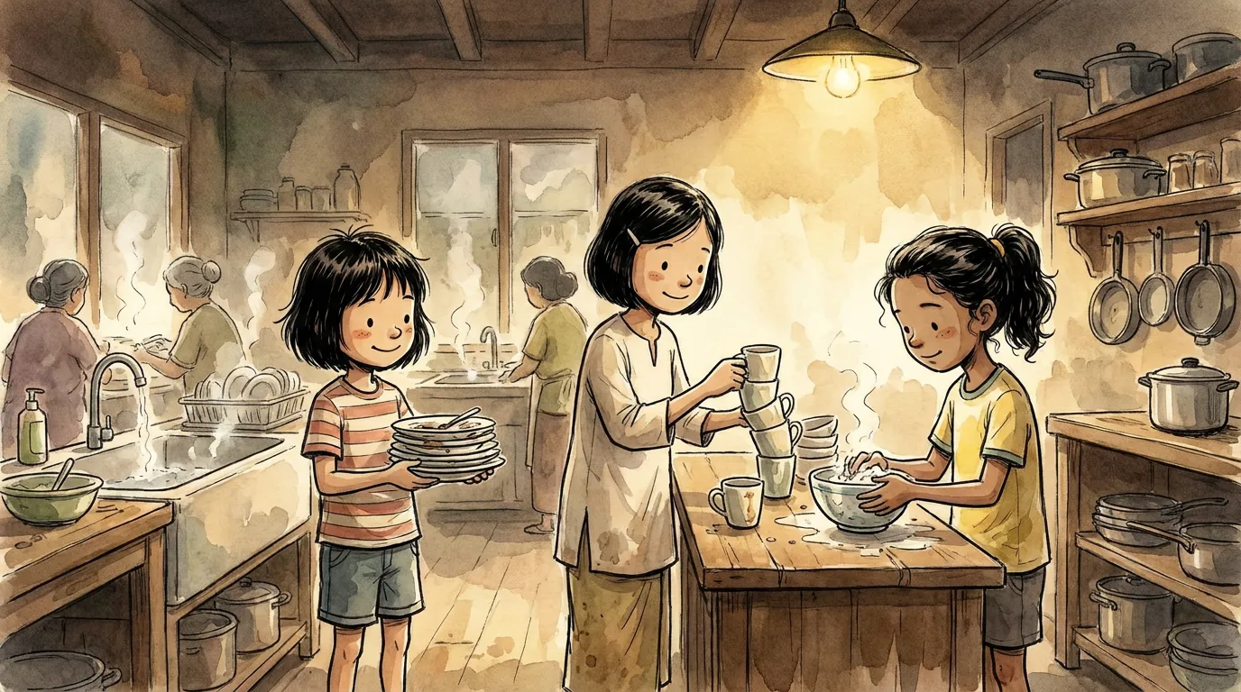 thiae, Hana and Kavi quietly stacking dirty dishes by the sink, no fuss