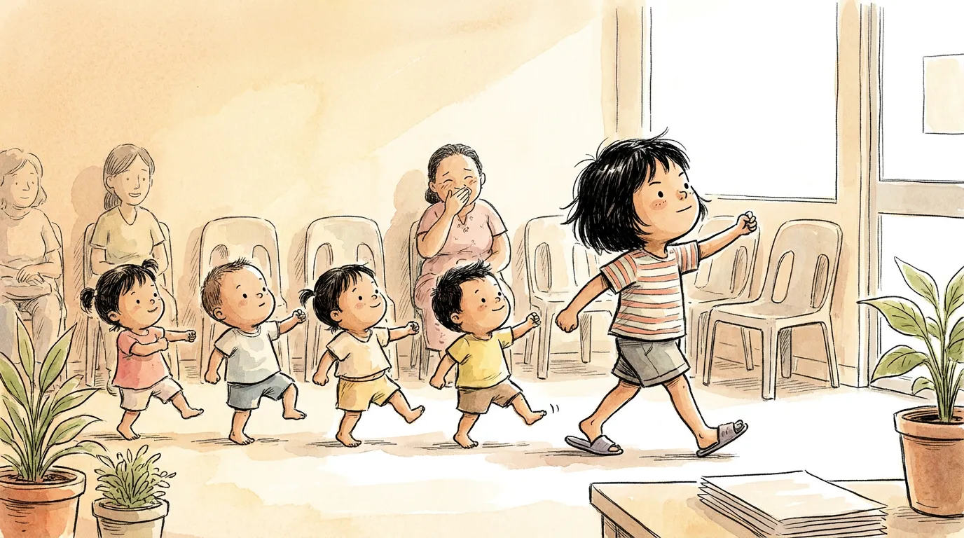 thiae marching tiny toddlers in a chin-up brave-face parade