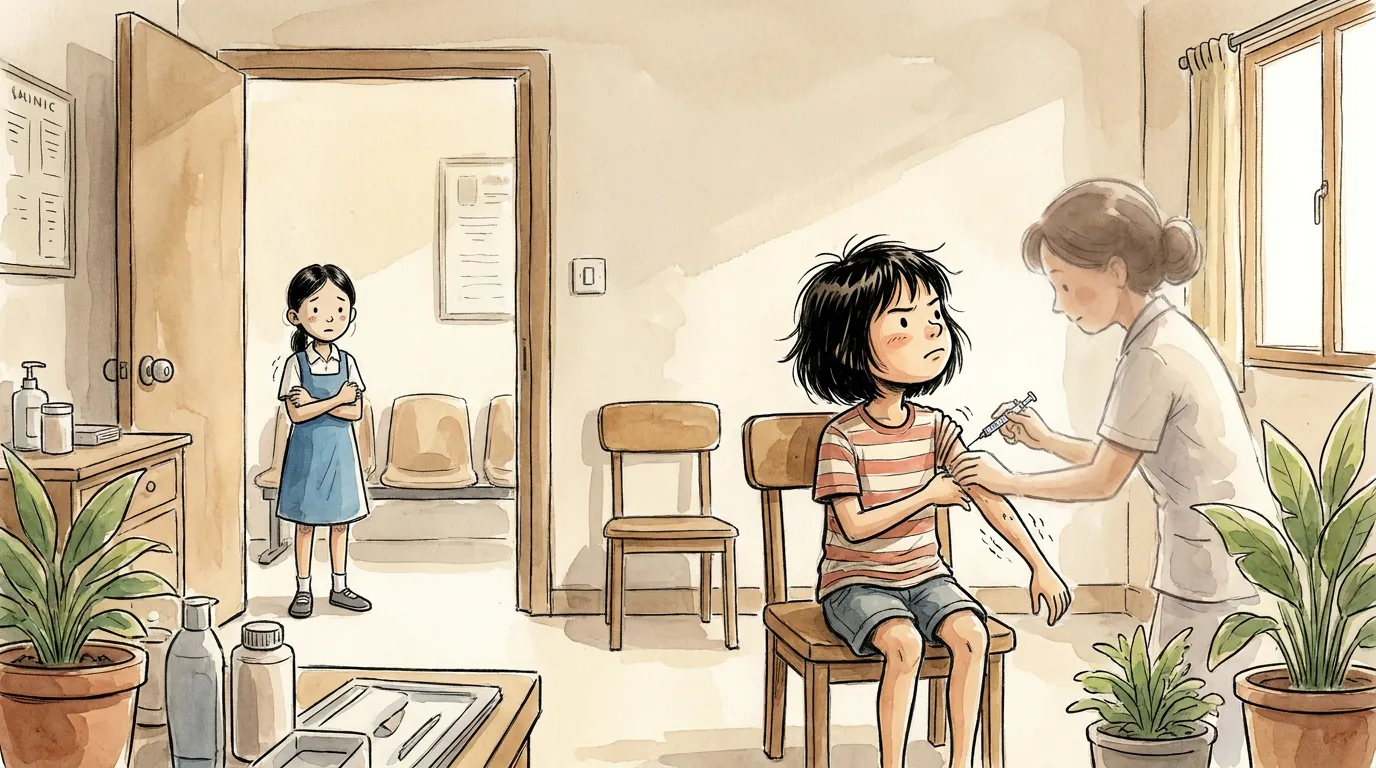 thiae on the jab chair chin trembling but held up, Hana watching through the door