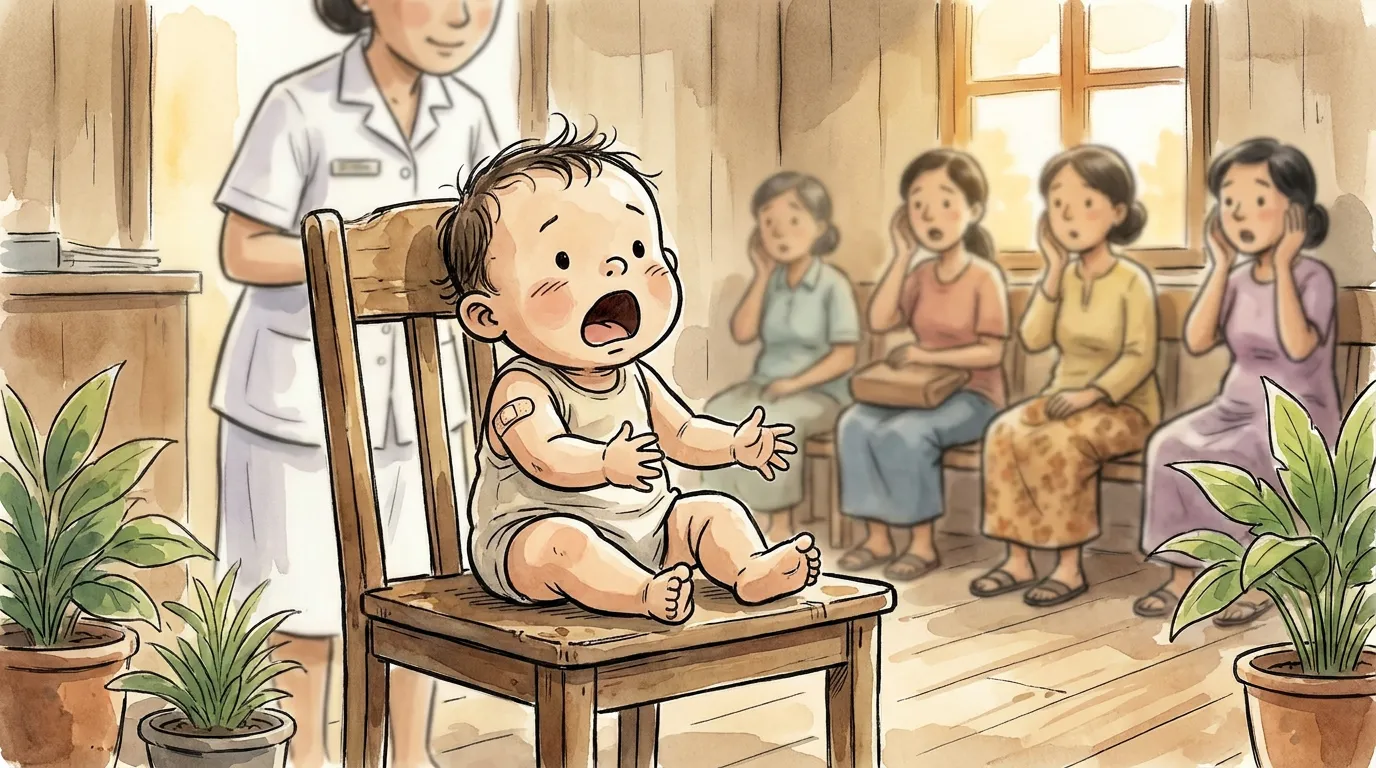 The wound-up baby mouth open in surprise, forgetting to cry after the jab